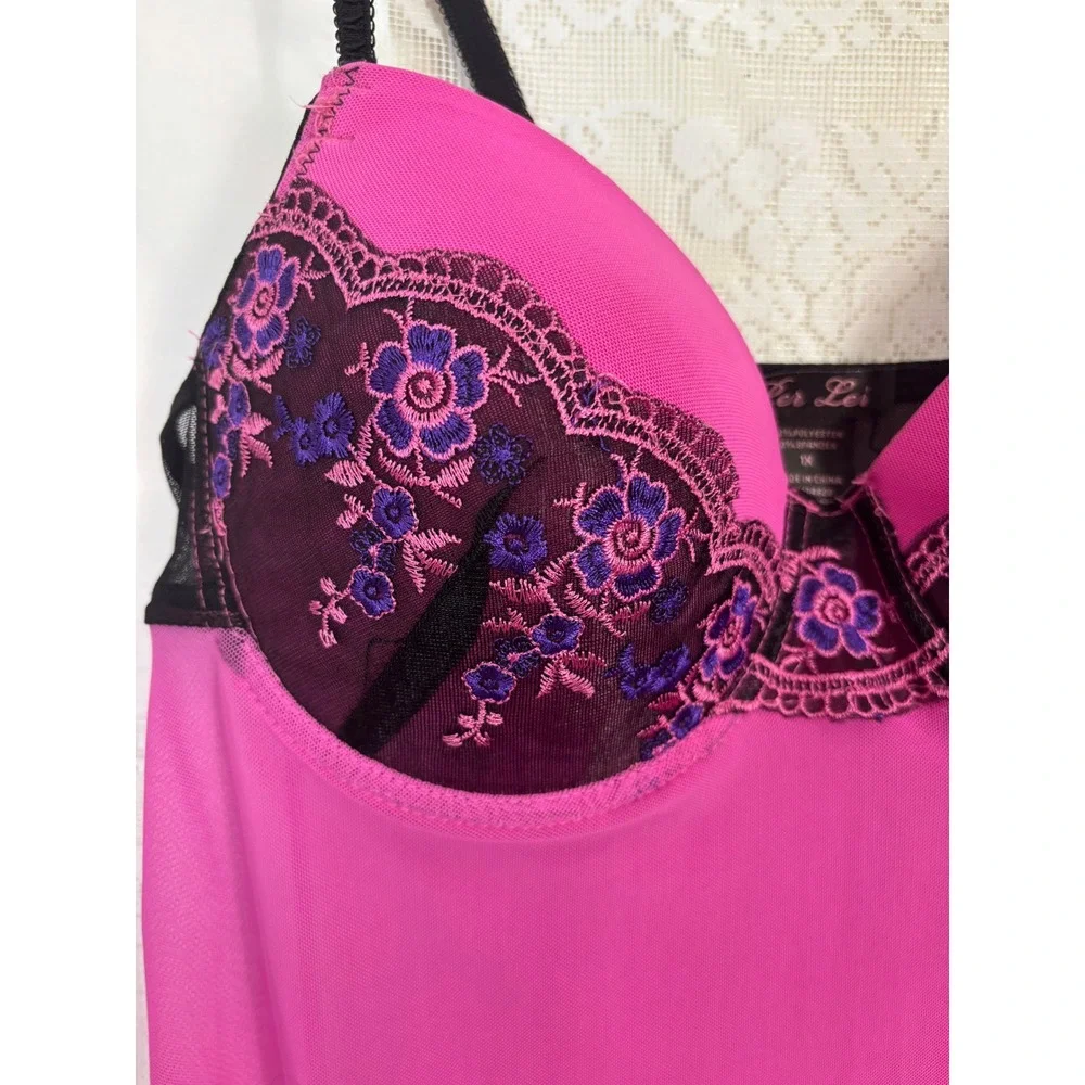 Y2K Pink+Black+Purple‎ Floral Embroidered Coquette Sheer Mesh Chemise Size XL